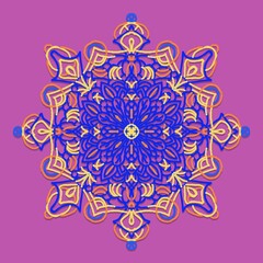 ornamental round lace pattern,yellow, orange curves to create flowers shape with purple background in geometric patterns to as sarong,tile,printed fabric,batik,fabric,tablecloth patterns. 
