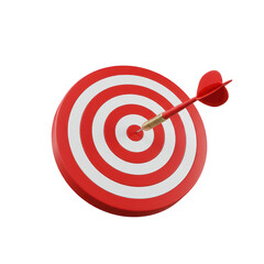 Red and white dartboard with a single red dart perfectly hitting the bullseye isolated on transparent background