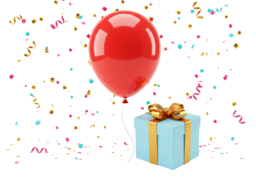 Red balloon and gift box with confetti. Cut out PNG - Powered by Adobe