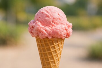 Delicious strawberry ice cream cone.