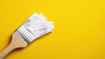 Paintbrush with white paint on yellow background for art and creative design