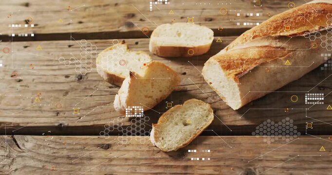 Hex grid icons fading over sliced baguette on wooden tabletop, pulsing, shifting for data scanning
