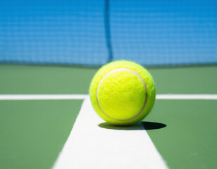 Close-up of tennis ball on court line with net in background