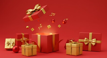 Red and Gold Gift Boxes and Ornaments on a Red Background