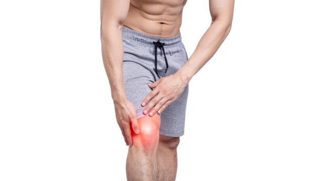 Person suffering from joint pain touching affected area isolated on white background