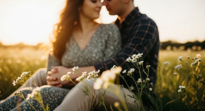 Romantic Evening in the Meadow: A tender couple sits amidst a field of wildflowers, bathed in the golden light of sunset, sharing an intimate moment of connection and affection. - Powered by Adobe