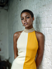 Grace in Gold - Woman in Two-Tone Dress by White Brick Wall
