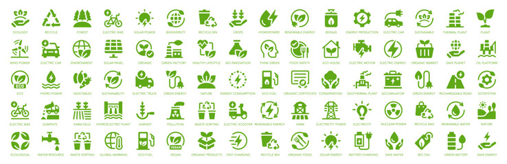 Ecology icon set. Green energy and Ecology symbol collection. Recycle, nature, wind power.