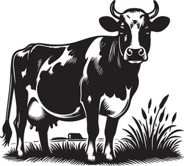 Monochrome Dairy Cow Standing Tall in a Field, Grazing Peacefully with a Traditional Barn in the Background, surrounded by lush grass