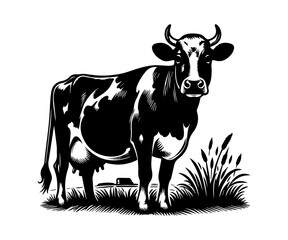 Monochromatic Dairy Cow Illustration A Detailed Vector Image of a Holstein Cow Standing Tall Amidst Rural Scenery and Lush Vegetation