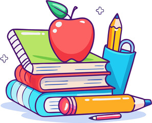Back to School Cartoon Illustration with Books, Apple and Stationery