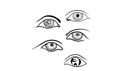 Collection of hand-drawn stylized eyes and eyebrows, line art,Detailed sketches of various eye designs,Set of different human eyes, artistic and minimalist drawing,Graphic illustration of eye shapes .