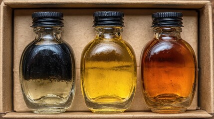 Three small glass bottles of different colored spirits or liqueurs in a cardboard box