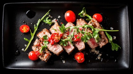 Sliced beef steak on black plate highlighting culinary excellence for food photography, restaurant promotions, or gourmet cooking content.
