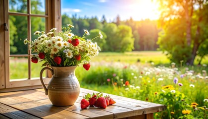Sunlit rustic window scene with wildflowers and strawberries in a pitcher