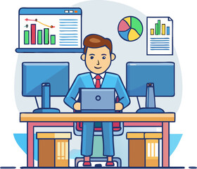 Businessman Working at Office Desk on Computer – Modern Workplace Illustration