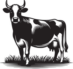 Monochrome Vector Artwork of a Holstein Cow Standing in a Grassy Field a Classic Farm Animal Illustration with Intricate Hatching