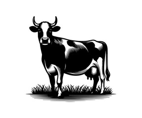Monochrome Illustration of a Standing Dairy Cow Grazing on Grass A Serene and Pastoral Scene in Black and White