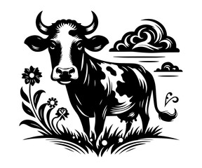 Monochrome Meadow Majesty A Serene Cow Silhouette Amidst Floral Flourishes and a Sky Hinting at Pastoral Peacefulness and Abundant Milk