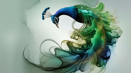 Majestic peacock flowing emerald and sapphire abstract digital painting