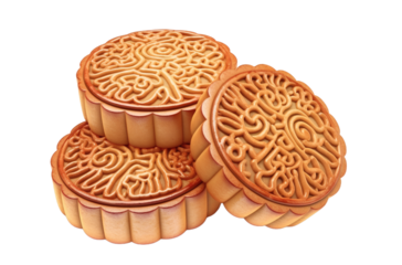 Three traditional mooncakes with elaborate patterns, a classic Chinese pastry for Mid-Autumn Festival celebrations.