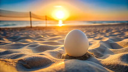 A solitary egg stands upright on a sandy beach at sunset bathed in warm golden light with a volleyball net in the background