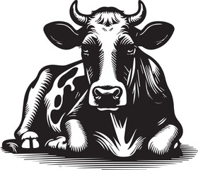 Monochrome Illustration of a Relaxing Cow A Detailed Black and White Rendering of Bovine Serenity and Farm Animal Symbolism