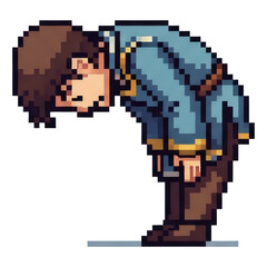 Fototapeta premium 茶色の髪のキャラクターが敬意を表すピクセルアートイラストと青い服を着た人