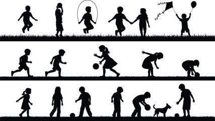 Silhouettes of children playing, outdoor activity, running, jumping, ball games, flying kite, holding balloon, grass, fun, vector illustration