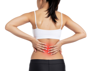 Young woman suffering from back pain with both hands on lower back isolated on white background