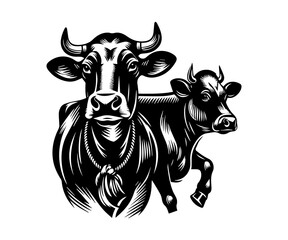 Monochrome Bovine Portrait A Mother Cow and Calf Etched in Black and White Illustrating Motherly Love