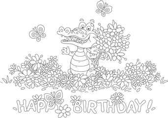 Birthday card with a happy crocodile holding a beautiful bouquet among colorful summer flowers and cheerfully fluttering butterflies in a pretty garden, vector cartoon illustration