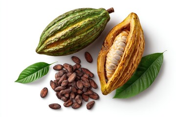 Two cocoa pods, one whole, one opened revealing creamy-yellow pulp and dark brown beans, surrounded by loose beans and vibrant green leaves, against a stark white background
