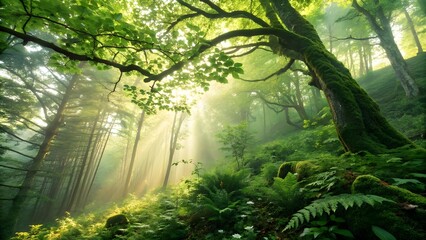 Fototapeta premium Sunbeams pierce lush green forest canopy illuminating moss-covered ancient trees and vibrant foliage in a mystical woodland scene.