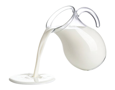 Fresh milk pouring from jug in stream isolated on white background
