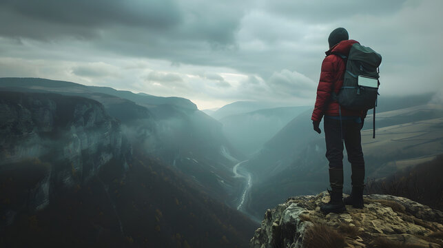 a hiker standing on a cliff overlooking a vast valley, backpack with blank label space, dramatic lighting, moody cinematic frame, 16:9 format