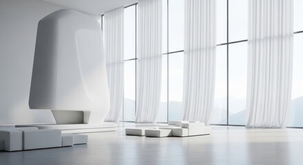 Modern minimalist living room with large windows and white furniture