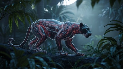 Mechanical panther glowing with red circuitry in dark jungle robotic animal futuristic creature