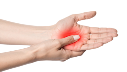 Person experiencing hand pain holding wrist isolated on white background
