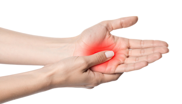 Person experiencing hand pain holding wrist isolated on white background
