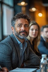 Obraz premium Focused professional in a meeting setting with blurred colleagues in background