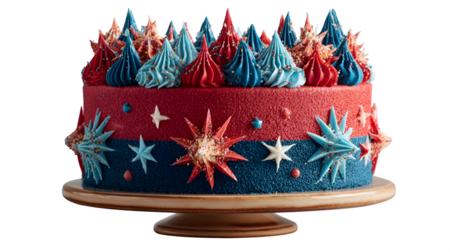 Patriotic cake decorated with red, white, and blue icing isolated on transparent background