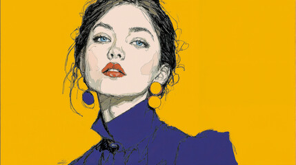 Stylized Gaze - Woman in Royal Blue with Oversized Earrings