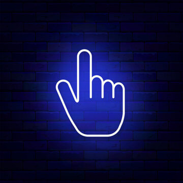 Human hand neon icon. Vote symbol. Computer cursor. People help emblem on brick wall. Vector stock illustration
