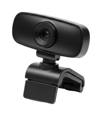 High-definition black webcam with adjustable clip for video conferencing. Cut out PNG