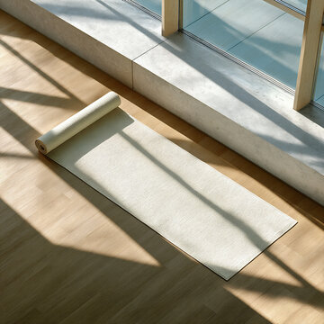 Calm yoga mat rolled out near large windows letting in bright natural light