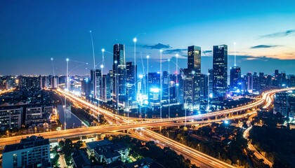 Futuristic cityscape at dusk with illuminated skyscrapers and busy highways.