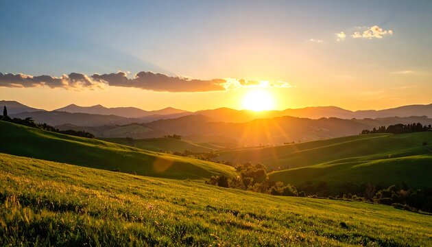 Sunset over rolling green hills and distant mountains (1)