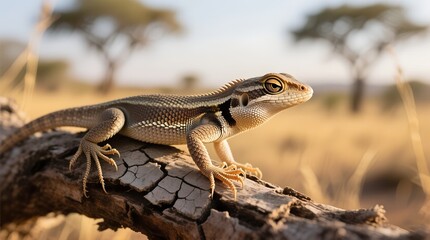 Naklejka premium Alert Lizard on Cracked Wood, Basking in Golden Savanna Light