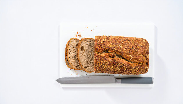 Top view of a sliced loaf of homemade multigrain bread on a white cutting board. Concept of healthy eating, home baking, and simple, nutritious food on a white background. - Powered by Adobe
